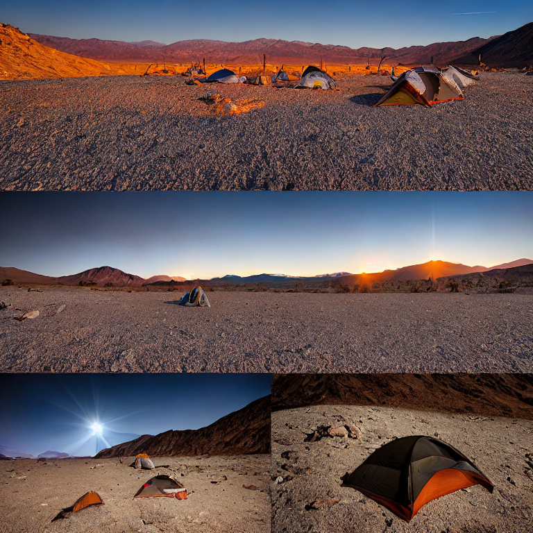 A cozy tent glows softly in a snowy Death Valley campsite at night. A small stream winds through the rocky ground beside a dusty hiking path, creating a peaceful, magical scene.