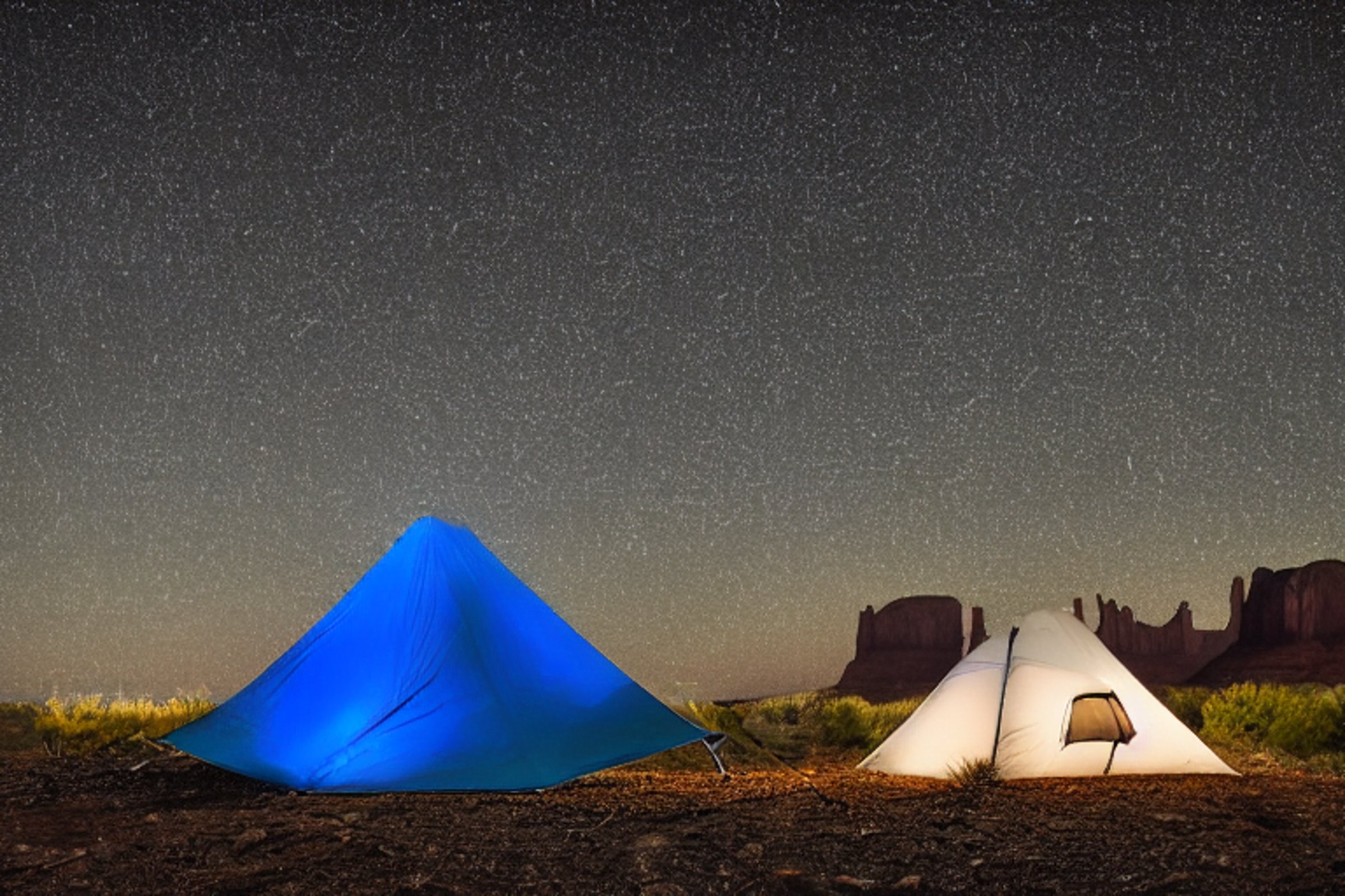 A cozy gray-and-blue tent glows softly on a dirt campsite beneath the starry night sky. Tall red rocks and boulders surround the camp, while a berry-covered bush adds a touch of color. Rainy air makes this quiet Monument Valley scene feel peaceful and wild.