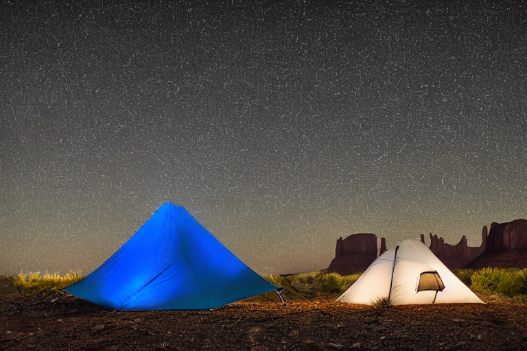A cozy gray-and-blue tent glows softly on a dirt campsite beneath the starry night sky. Tall red rocks and boulders surround the camp, while a berry-covered bush adds a touch of color. Rainy air makes this quiet Monument Valley scene feel peaceful and wild.