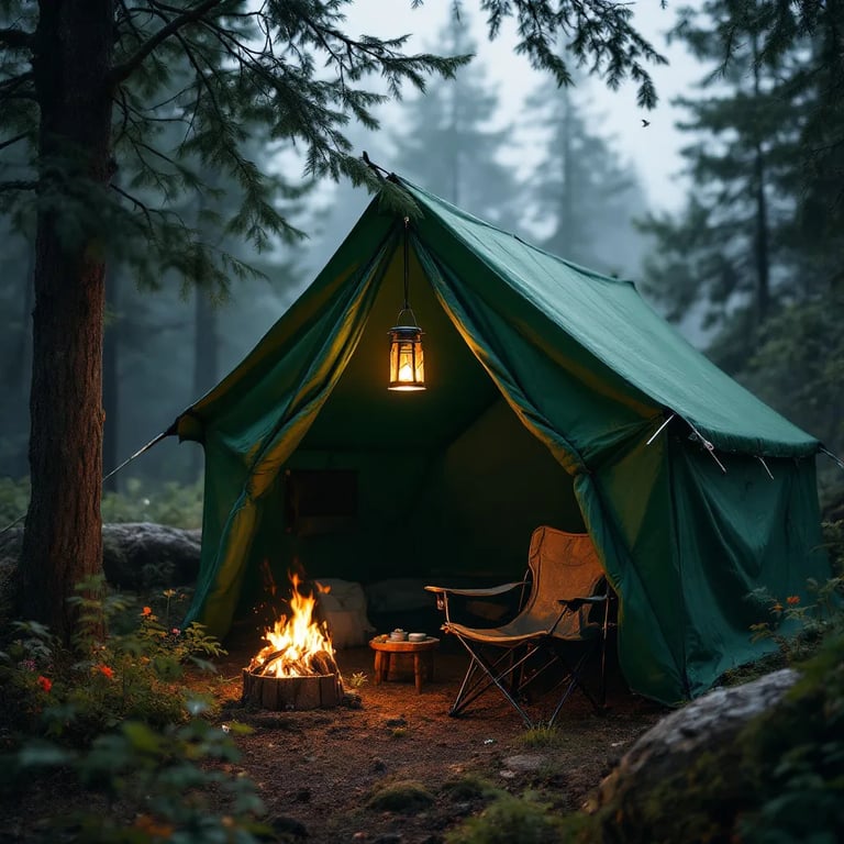 A green tarp shelter rests among the trees on Vancouver Island. Snow swirls through the forest, while a camping chair, small flowers, and a solar lantern make the spot feel cozy. A bird flies above the quiet campsite.
