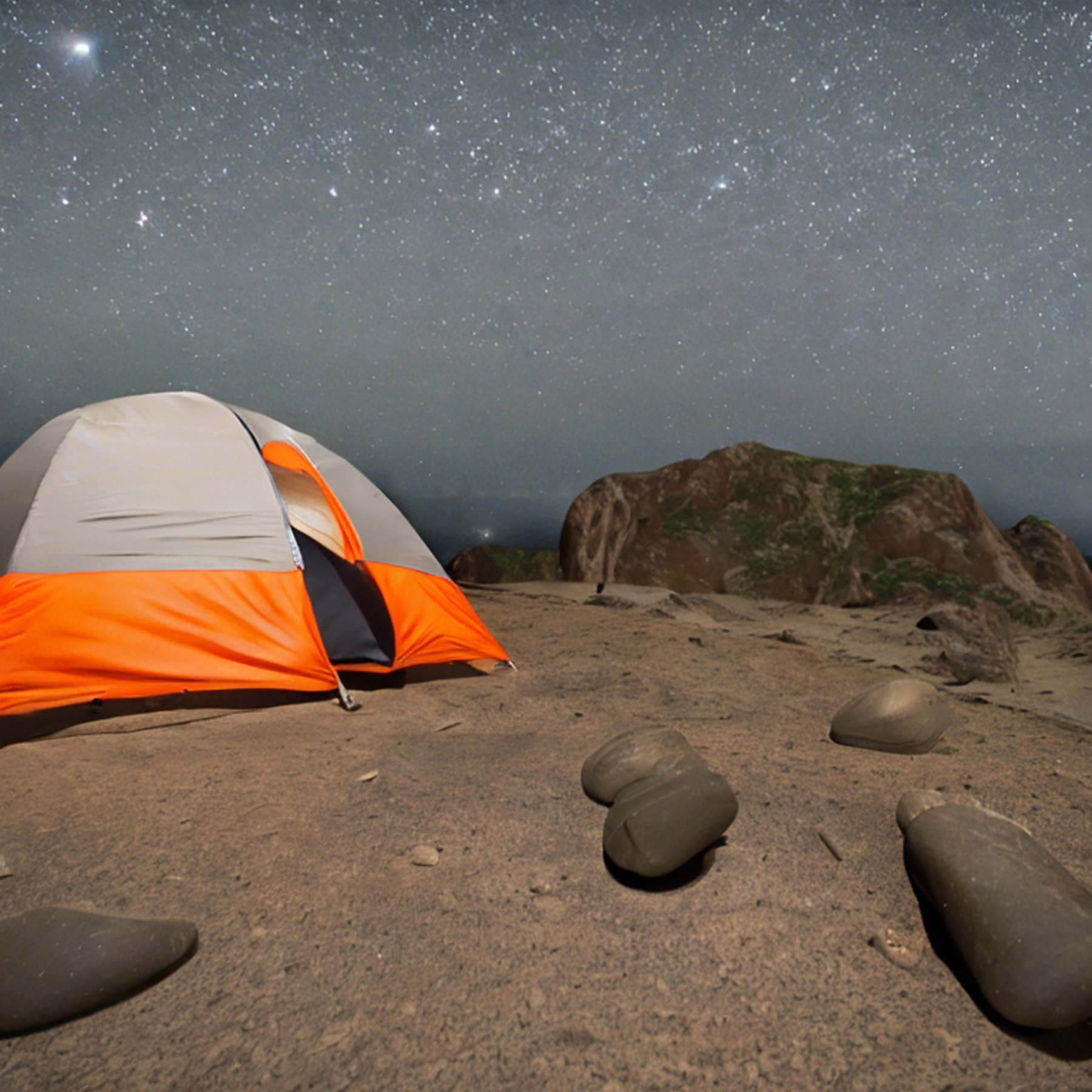 A gray and orange tent rests on a dirt patch along the California coast. Rain falls beneath a starry night sky, while a hiker’s flashlight glows down the winding path. Smooth stones and dark shapes of distant hikers add to the quiet adventure.