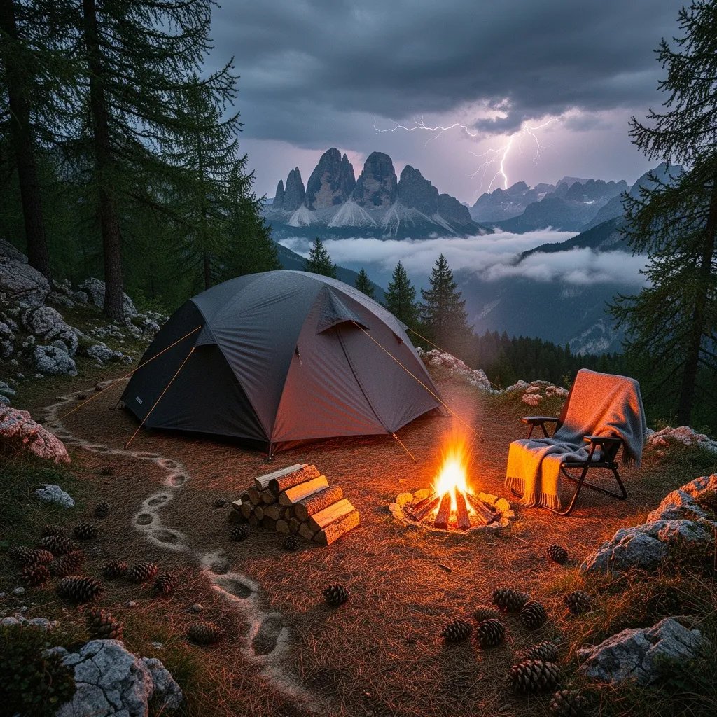 A lone tent rests on a rocky mountainside, tucked between tall pine trees under a stormy summer sky. A small campfire glows warmly, lighting up a cozy chair with a wool blanket. Distant jagged peaks rise like dark teeth, flashing white whenever lightning flickers in the clouds.
