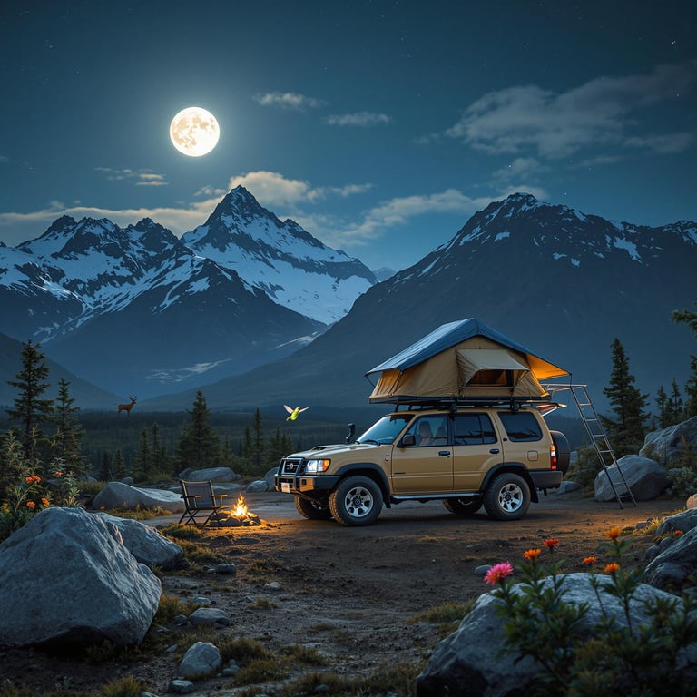 A tan Subaru with a rooftop tent rests on a wild Alaskan plain beneath a bright full moon. Mountains rise in the distance, while a deer wanders near the rocky campsite and a hummingbird hovers over a flower.