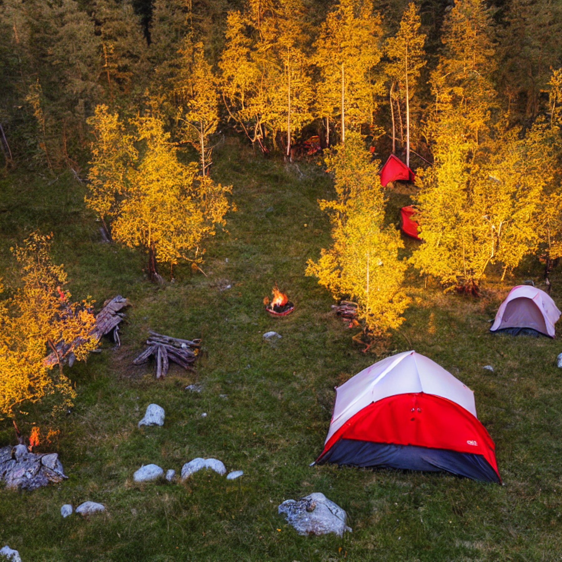 A red and white tent sits on a dirt campsite in Norway, surrounded by colorful autumn trees and small flowers. Nearby, a stone-ringed campfire and logs create a cozy spot, while surfers add a playful touch to the peaceful scene.