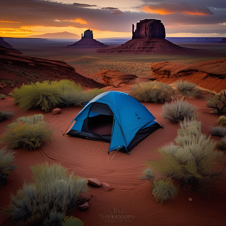A bright blue tent rests on a paved campsite in Monument Valley as the sun sets under cloudy skies. Ferns, stones, and camping chairs surround the dirt clearing, while a deer wanders in the distance.