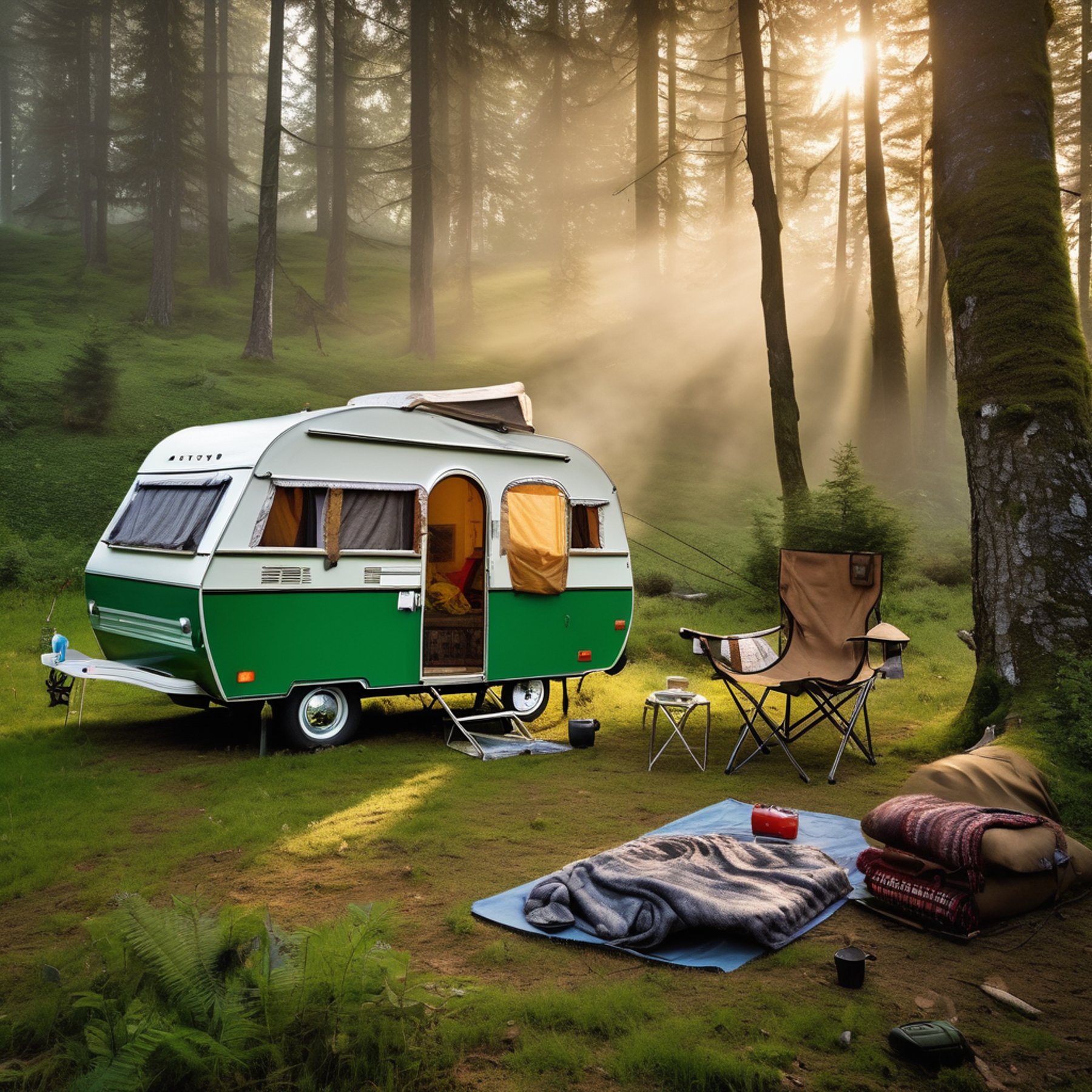 A green pop-up camper rests in a lush valley beneath the soft morning mist. Nearby, a campfire warms a mug on a log, while clothes sway on a line beside the camping chairs. Viewed from inside the tent, the sunny campsite feels cozy and peaceful.