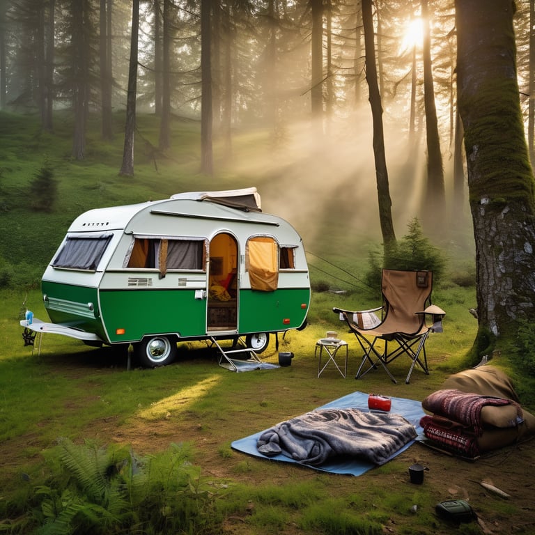 A green pop-up camper rests in a lush valley beneath the soft morning mist. Nearby, a campfire warms a mug on a log, while clothes sway on a line beside the camping chairs. Viewed from inside the tent, the sunny campsite feels cozy and peaceful.