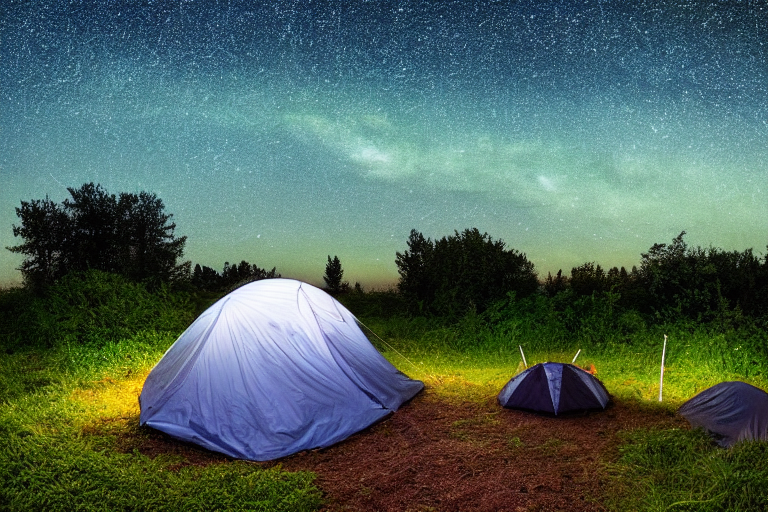 A colorful tent glows softly on a paved beach campsite beneath a starry night sky. Tall grass, mossy trees, and a muddy patch surround the site, with the dark ocean nearby.