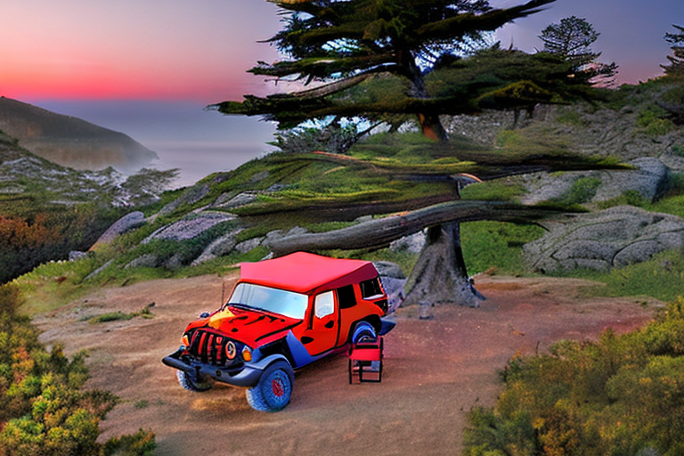 A red Jeep with its rooftop tent open rests beside a cozy campfire on the California coast. Camping chairs and a picnic table sit on the rocky ground beneath mossy trees. Soft sunset light glows through the fog, creating a calm, peaceful mood.