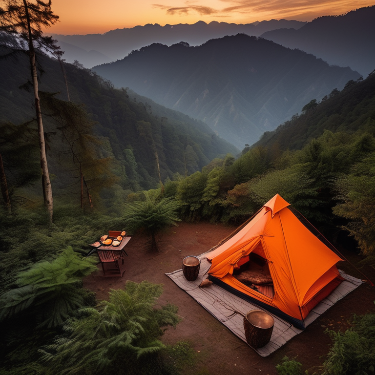 An orange tent rests on a snowy dirt campsite as dusk settles over Zhangjiajie. A campfire warms the scene beside a large log, camping chairs, and a box of gear. A berry-covered bush adds a bright touch to the quiet mountain setting.