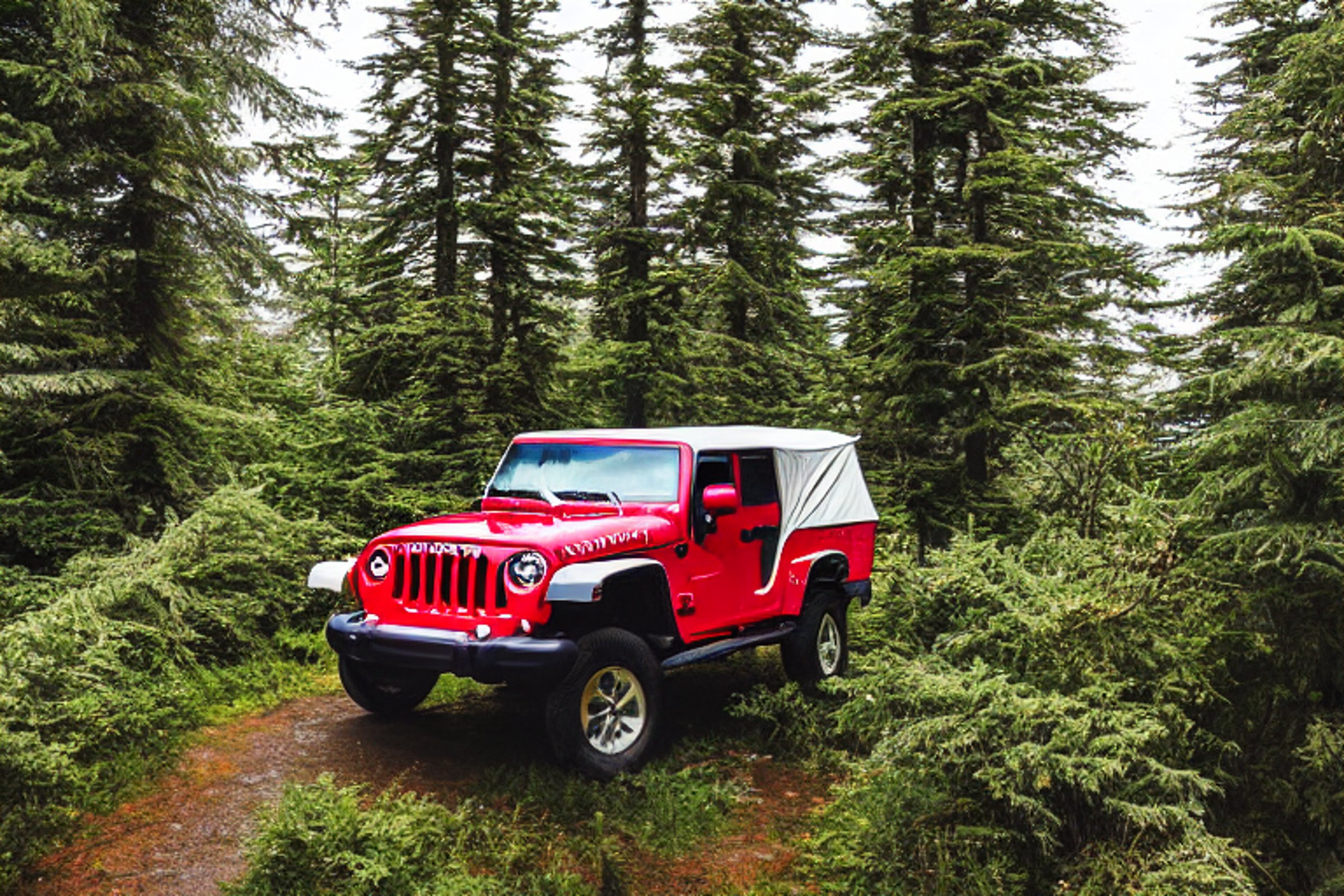 A red-and-white jeep with a rooftop tent rests among the tall trees of Vancouver Island. Ferns surround the campsite, while hikers explore nearby under a cool, cloudy sky. A box of camping gear sits ready for the next adventure.
