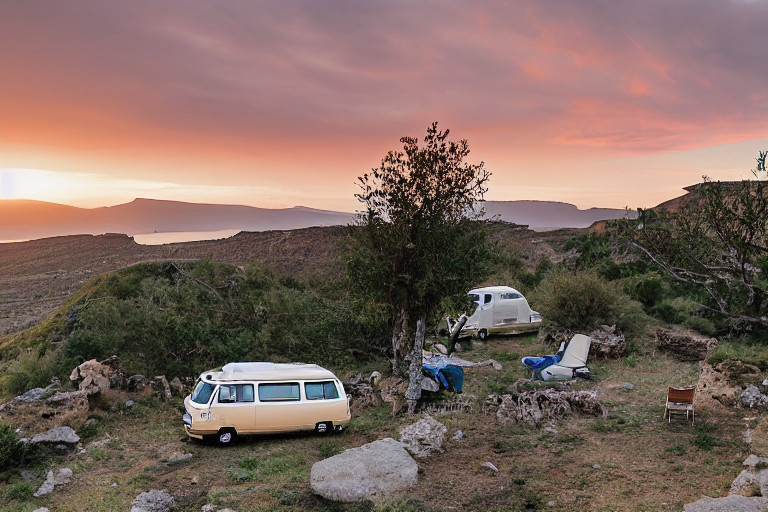 A cozy VW campervan rests on a dirt campsite beneath large trees in Santorini. Camping chairs sit nearby, surrounded by stone slabs and rolling hills. Soft golden light shines through the cloudy sky, creating a peaceful evening mood.