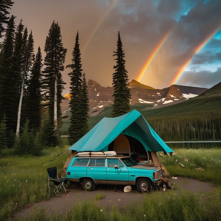 A bright turquoise tent rests in tall grass beneath the trees of Glacier National Park. A crescent moon glows overhead, with a fishing rod, camp chairs, and a bird’s nest nearby. A soft double rainbow adds a dreamy touch to the breezy campsite.