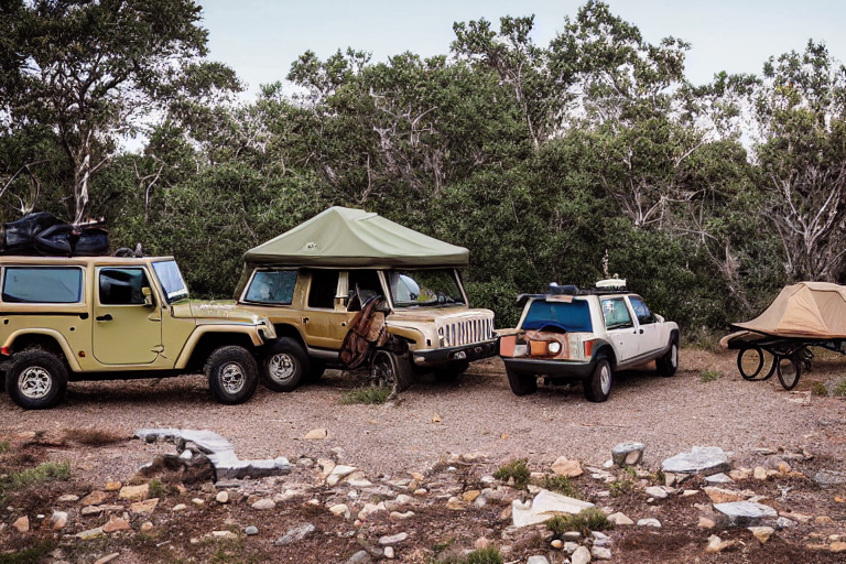 A green and tan Jeep with a rooftop tent rests at a quiet campsite in a petrified forest. Sunrise paints the clear sky, while a campfire, logs, and picnic table sit on the dusty ground. Surfers add a fun, unexpected touch to the peaceful scene.