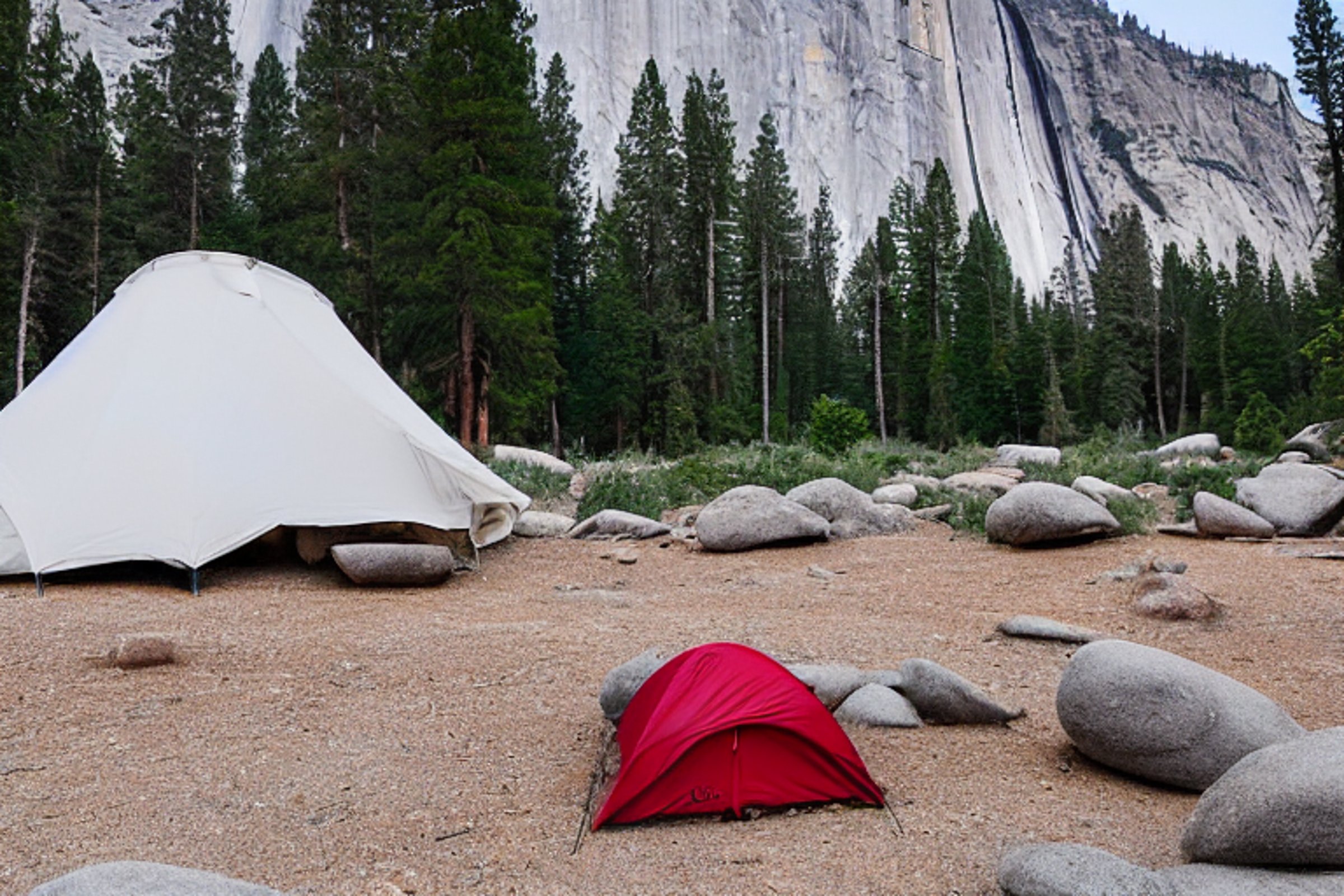 A red and white tent sits among granite boulders in Yosemite at sunrise. Golden light warms the quiet campsite, with twigs scattered across the dirt. A cooler rests nearby while a distant camper shines a flashlight.