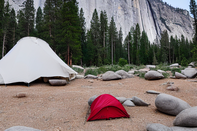 A red and white tent sits among granite boulders in Yosemite at sunrise. Golden light warms the quiet campsite, with twigs scattered across the dirt. A cooler rests nearby while a distant camper shines a flashlight.