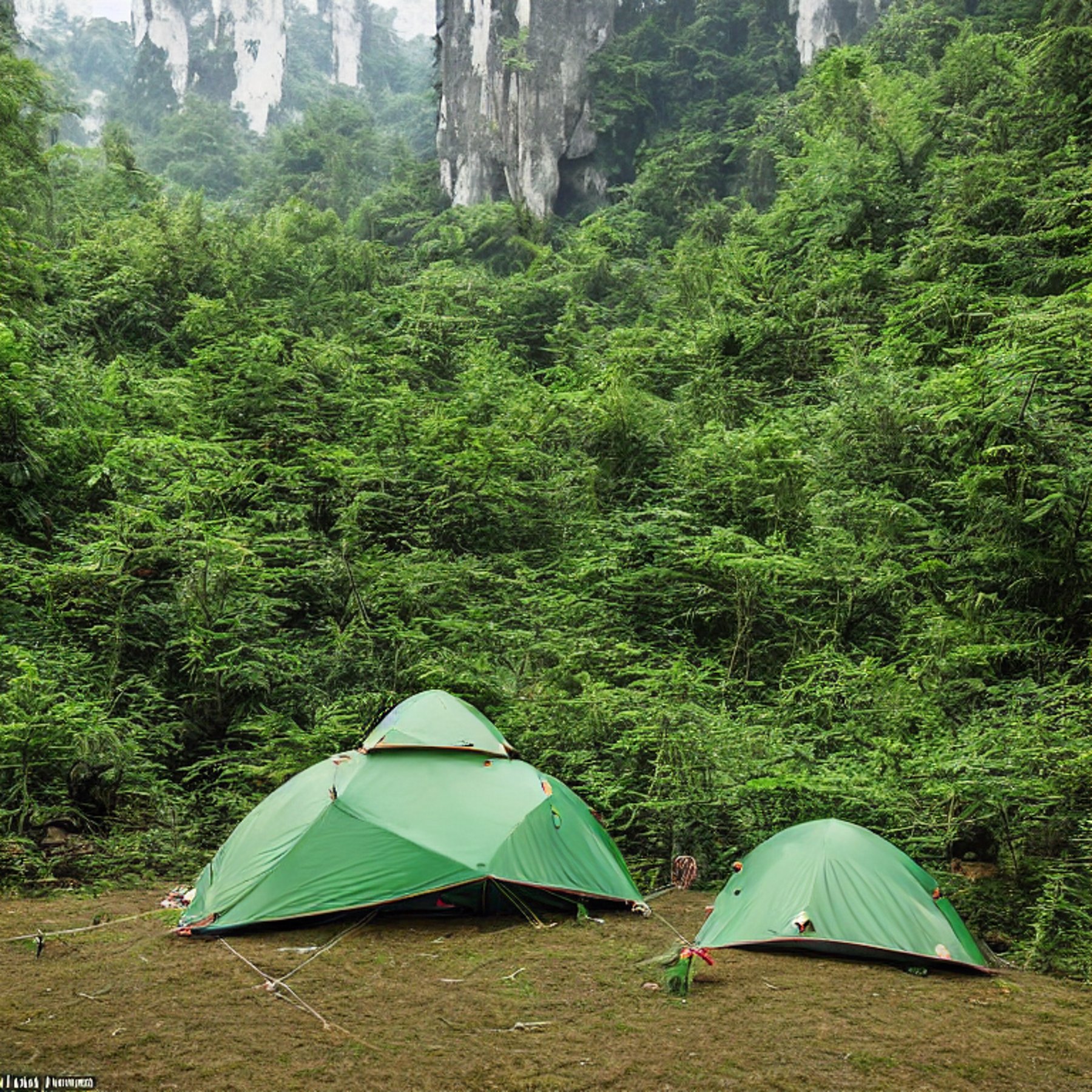 A green tent sits beside a warm campfire on a snowy campsite in Zhangjiajie, China. Tall bushes, ferns, and bright flowers surround the dirt clearing, with camping gear nearby. Dramatic mountain scenery rises beneath the open sky.