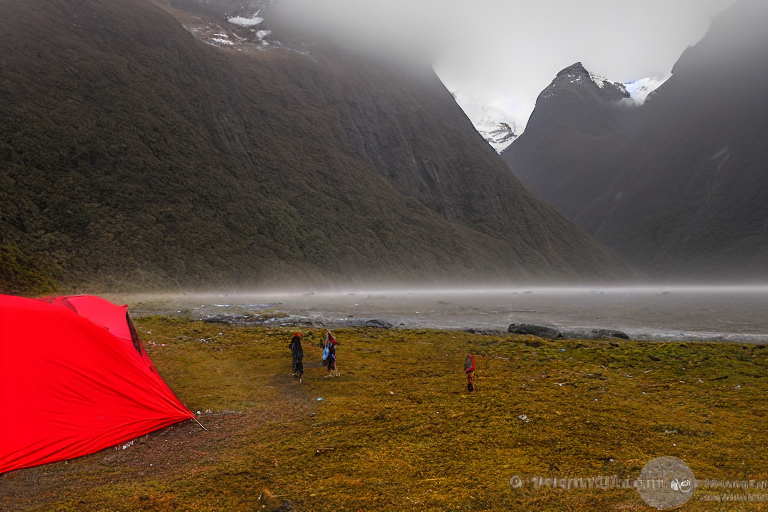 A bright red tent rests on a paved campsite in Milford Sound as soft sunrise light shines through the fog. Hikers and surfers explore the dirt paths around the quiet, rugged landscape.
