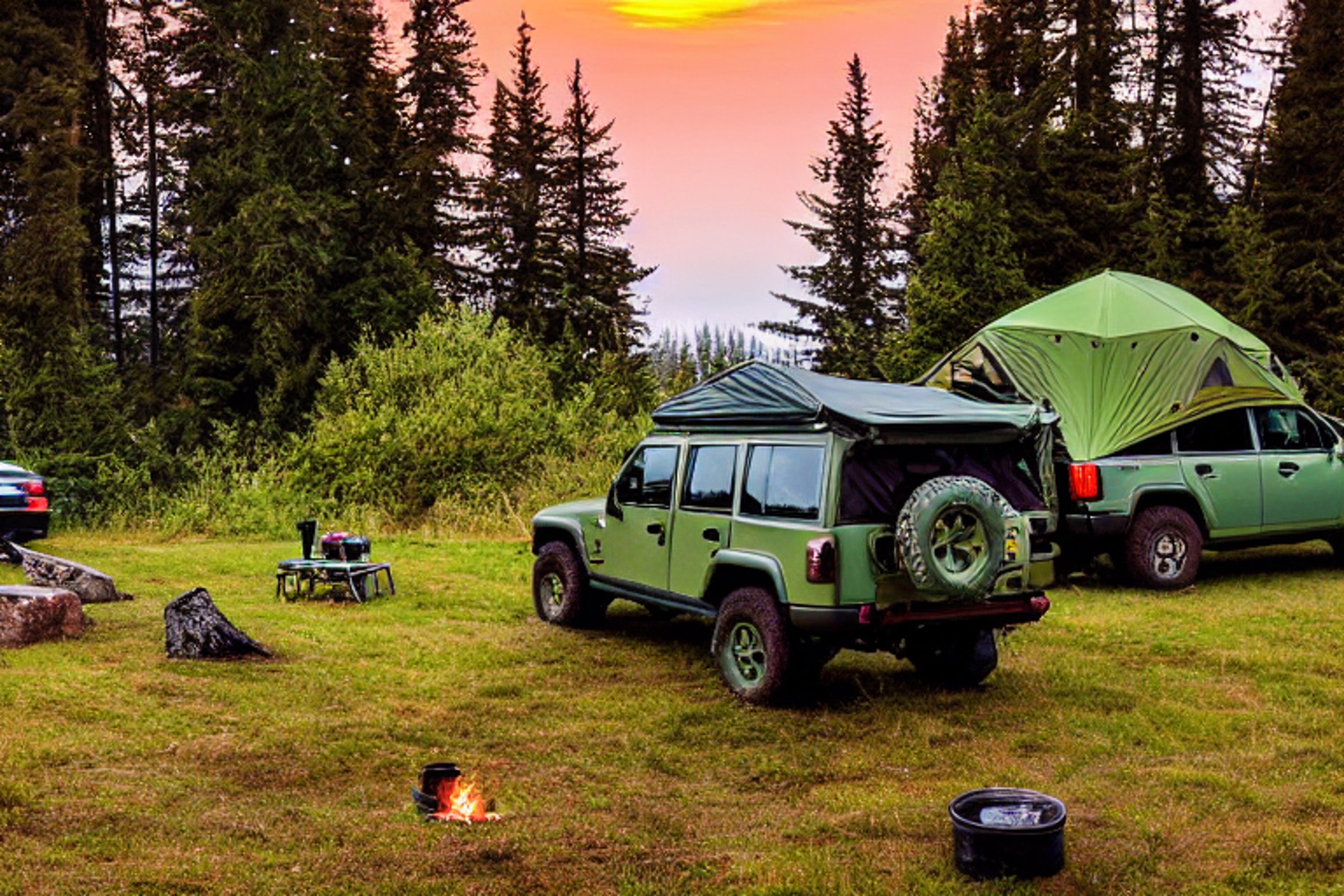 A green camo jeep with a rooftop tent rests beside a warm campfire on Vancouver Island. Soft sunrise light shines over rolling hills and gentle waves, while a distant camper holds a flashlight.