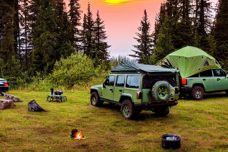 A green camo jeep with a rooftop tent rests beside a warm campfire on Vancouver Island. Soft sunrise light shines over rolling hills and gentle waves, while a distant camper holds a flashlight.