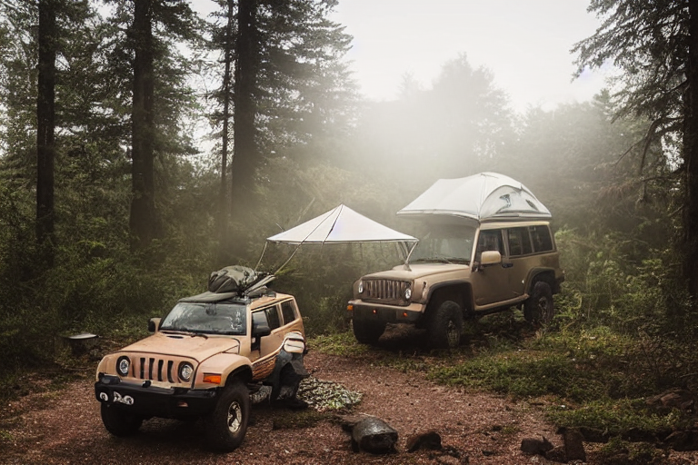 A Jeep with a rooftop tent rests in a quiet, overgrown forest. A warm campfire glows beside the dirt campsite, with a lantern, hanging clothes, and green ferns nearby. Soft fog gives the nighttime scene a calm, mysterious feel.