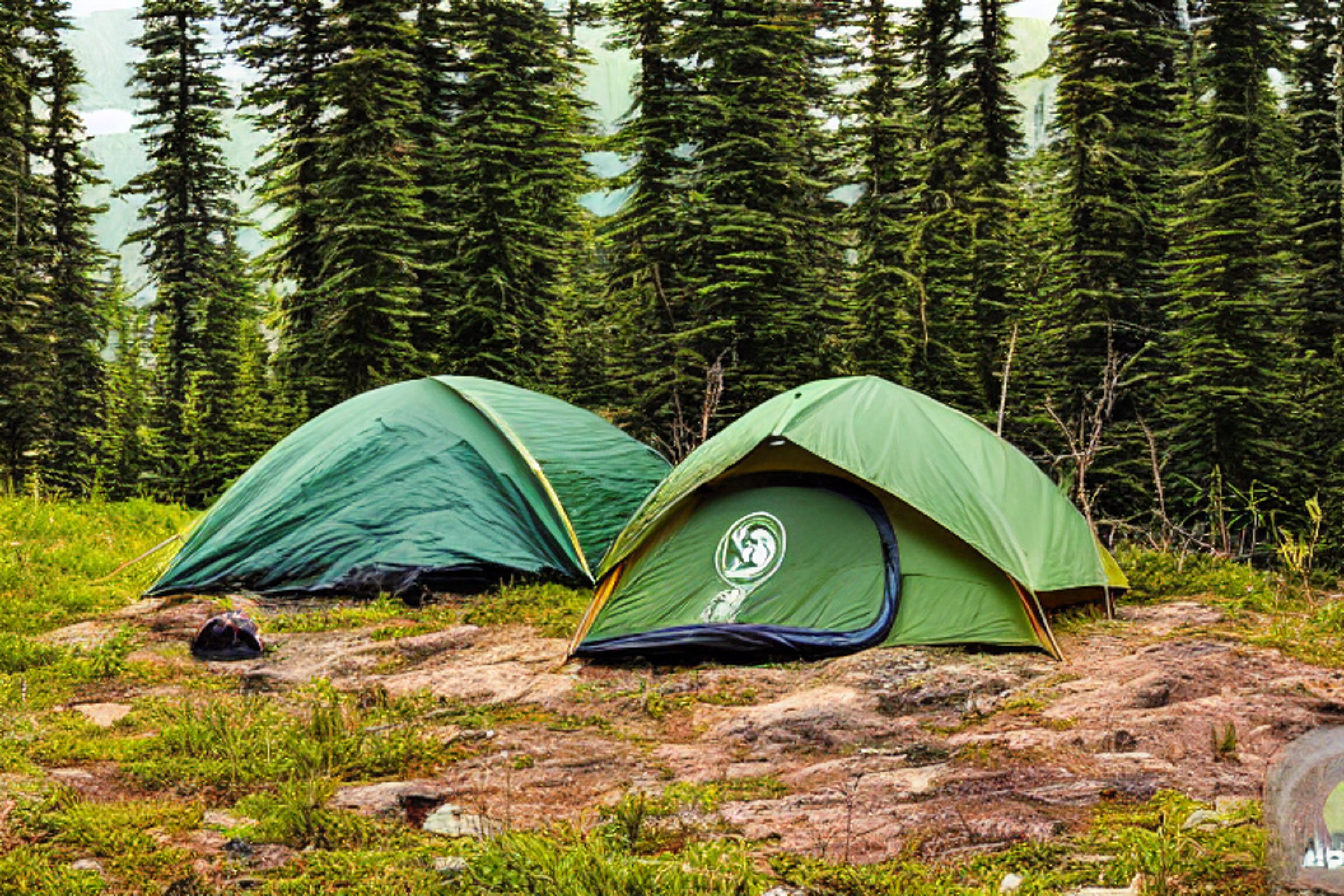 A forest green tent rests on a paved campsite in Glacier National Park. Rainy sunset light shines through the small trees, while ferns and tall grass grow around a dirt patch. A box of camping gear sits nearby, ready for adventure.