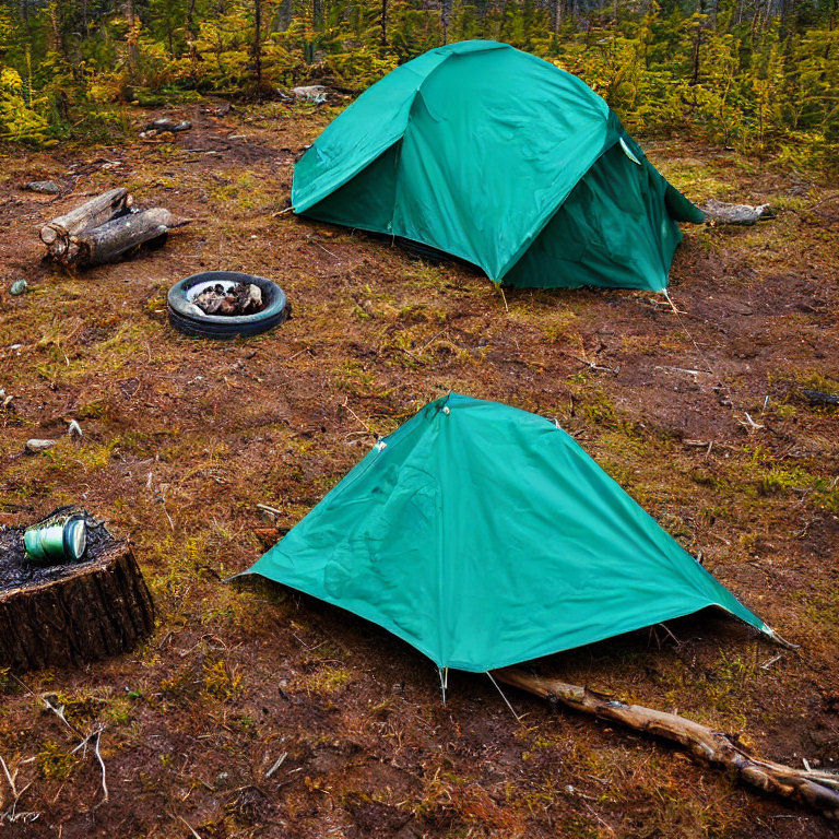 A teal tent rests in a quiet dirt clearing beneath the glowing northern lights. Autumn trees and tall grass surround the campsite, while a warm campfire crackles beside a pile of logs. In the distance, a camper’s flashlight shines through the cool night.