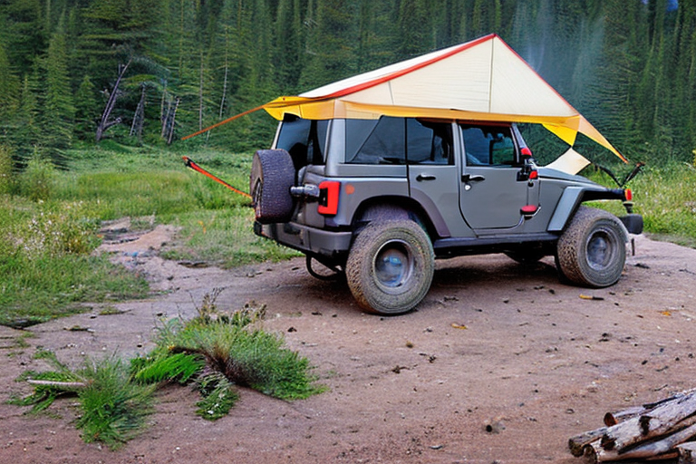 A colorful Jeep with its rooftop tent open rests beside a crackling campfire. Tall grass, ferns, and a clear stream surround the campsite as soft fog drifts through Glacier National Park. Sunrise light gives the peaceful scene a warm glow.