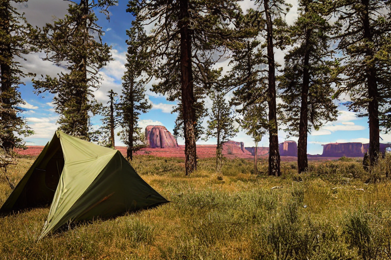 A green camo tent rests on a paved campsite beneath the towering rocks of Monument Valley. Hikers gather around a warm campfire, with logs and stones glowing in the night. Bushes and rough desert ground surround the peaceful camp.