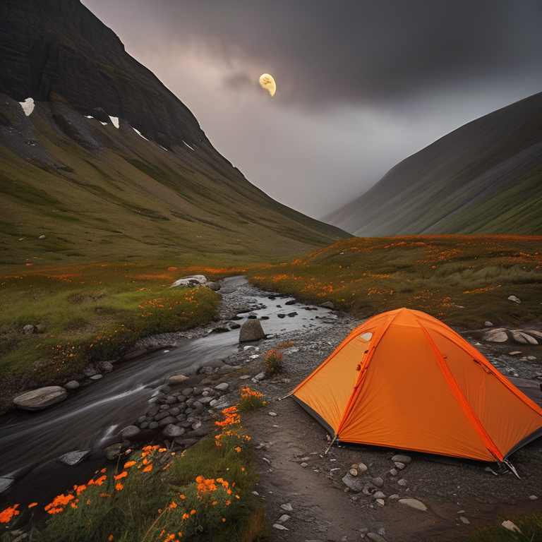 A bright orange and gray tent rests beside a warm campfire in a flower-filled valley. A clear stream winds through the rainy campsite, with surfers enjoying the water. Far above, a pale moon peeks through the cloudy sky.