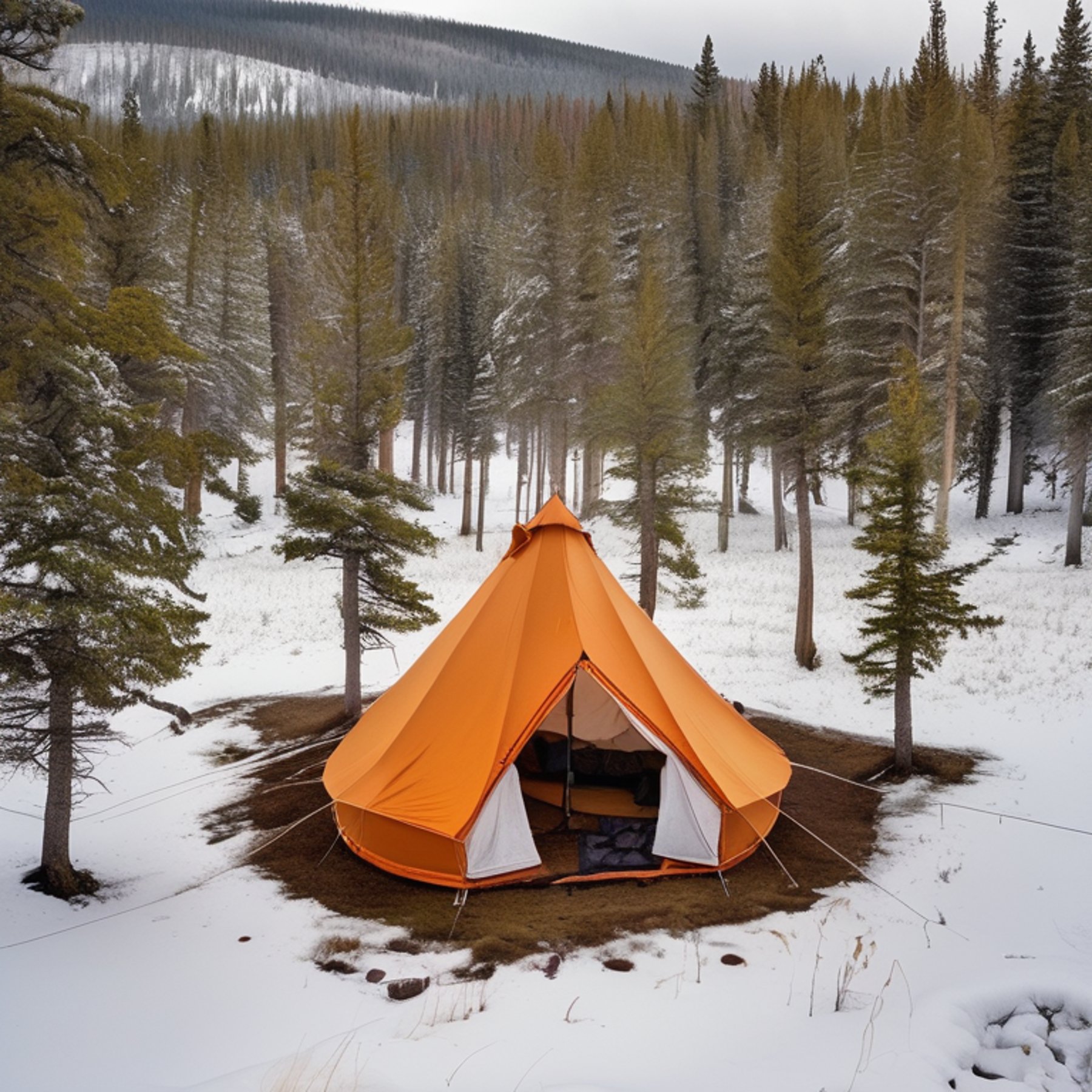 An orange tent sits on a dirt campsite beneath mossy trees in the snowy Idaho plains. A berry bush and a clothesline with drying clothes add a cozy touch to the quiet scene.