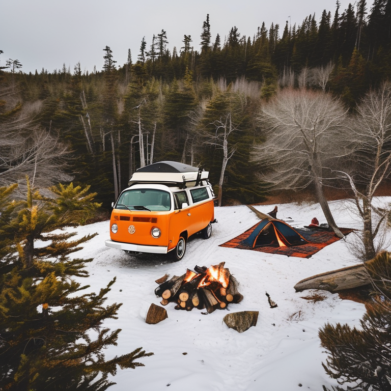 A gray and orange campervan rests in a snowy coastal campsite, surrounded by thick green bushes. A warm campfire burns in the dirt, with a wooden guitar nearby and surfers along the Maine shore.