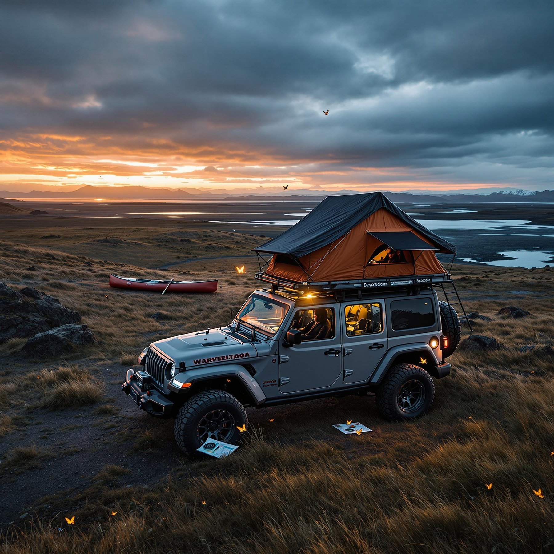 A gray and orange Jeep rests beneath a stormy Icelandic sunset, with its rooftop tent open for the night. Nearby, a canoe, outdoor shower, and map with a compass create a cozy adventure camp, while butterflies flutter through the wind.