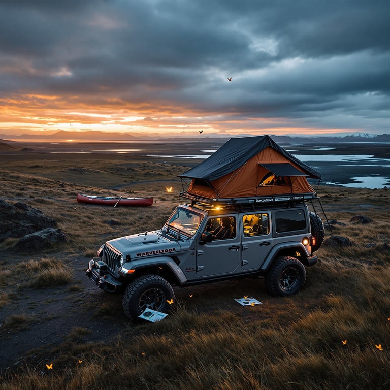 A gray and orange Jeep rests beneath a stormy Icelandic sunset, with its rooftop tent open for the night. Nearby, a canoe, outdoor shower, and map with a compass create a cozy adventure camp, while butterflies flutter through the wind.