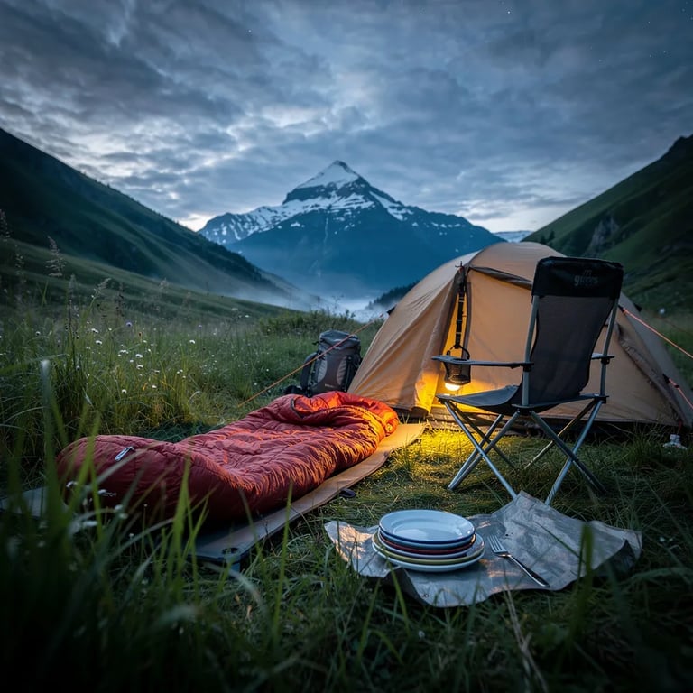 A quiet green valley stretches out under a cool blue sky, with a snowy mountain far away. A small tent sits in tall grass, and a headlamp glows warm like a tiny campfire. Nearby, a rust-red sleeping bag, a simple camp chair, and stacked plates make the campsite feel cozy and ready for the night.