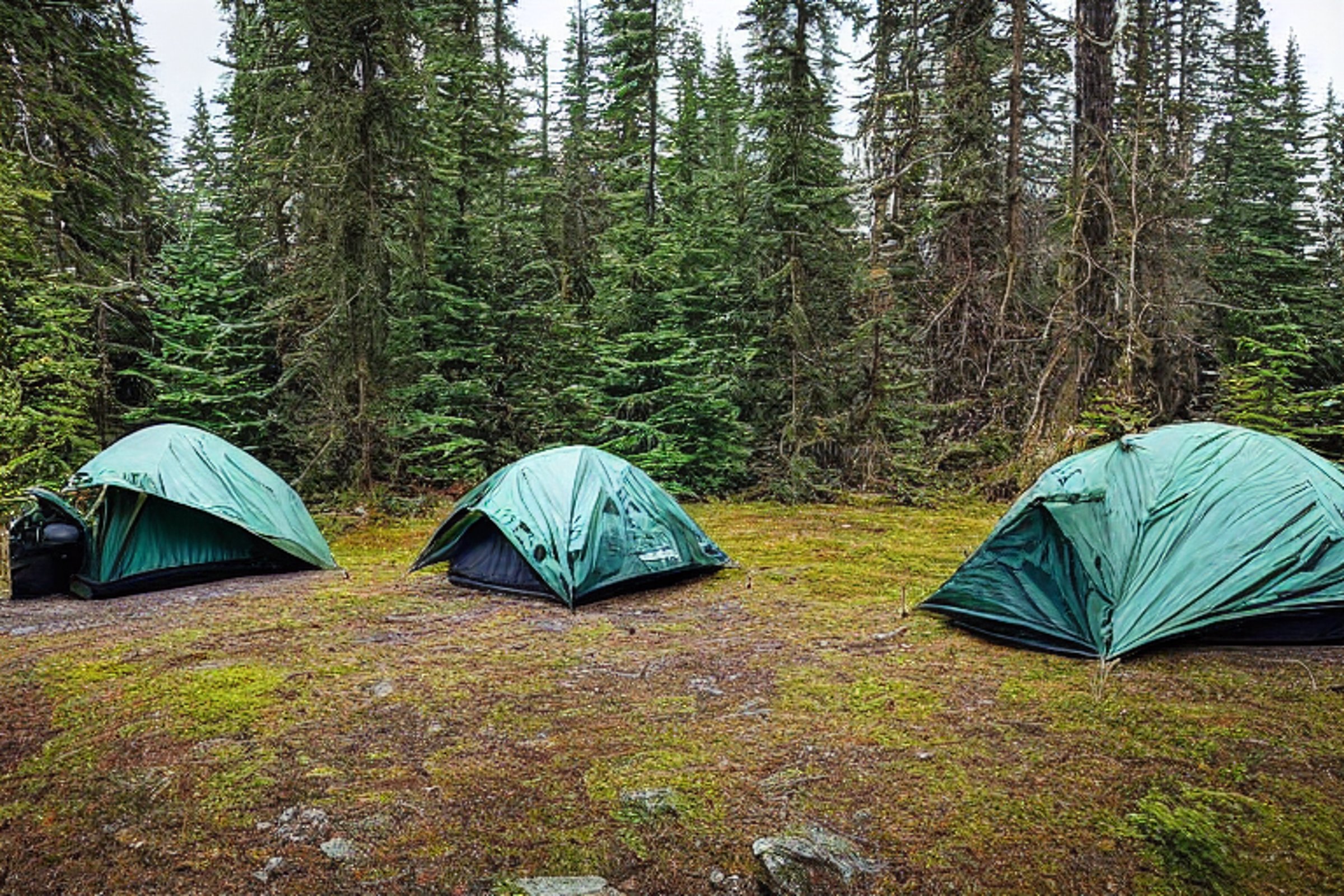 Three green camo tents sit on a paved campsite beneath tall trees on Vancouver Island. Snow falls softly around the ferns, camping chairs, stove, and white cooler. The quiet night feels cozy and peaceful.