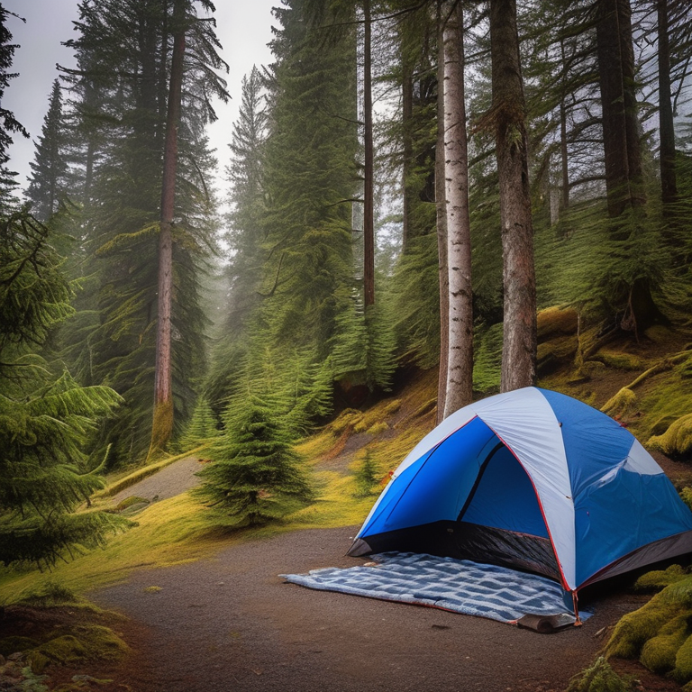 A gray and blue tent rests on a paved campsite dusted with snow. A small lantern sits beside the gravel and dirt, while tall grass and a berry-covered bush add a wild touch.