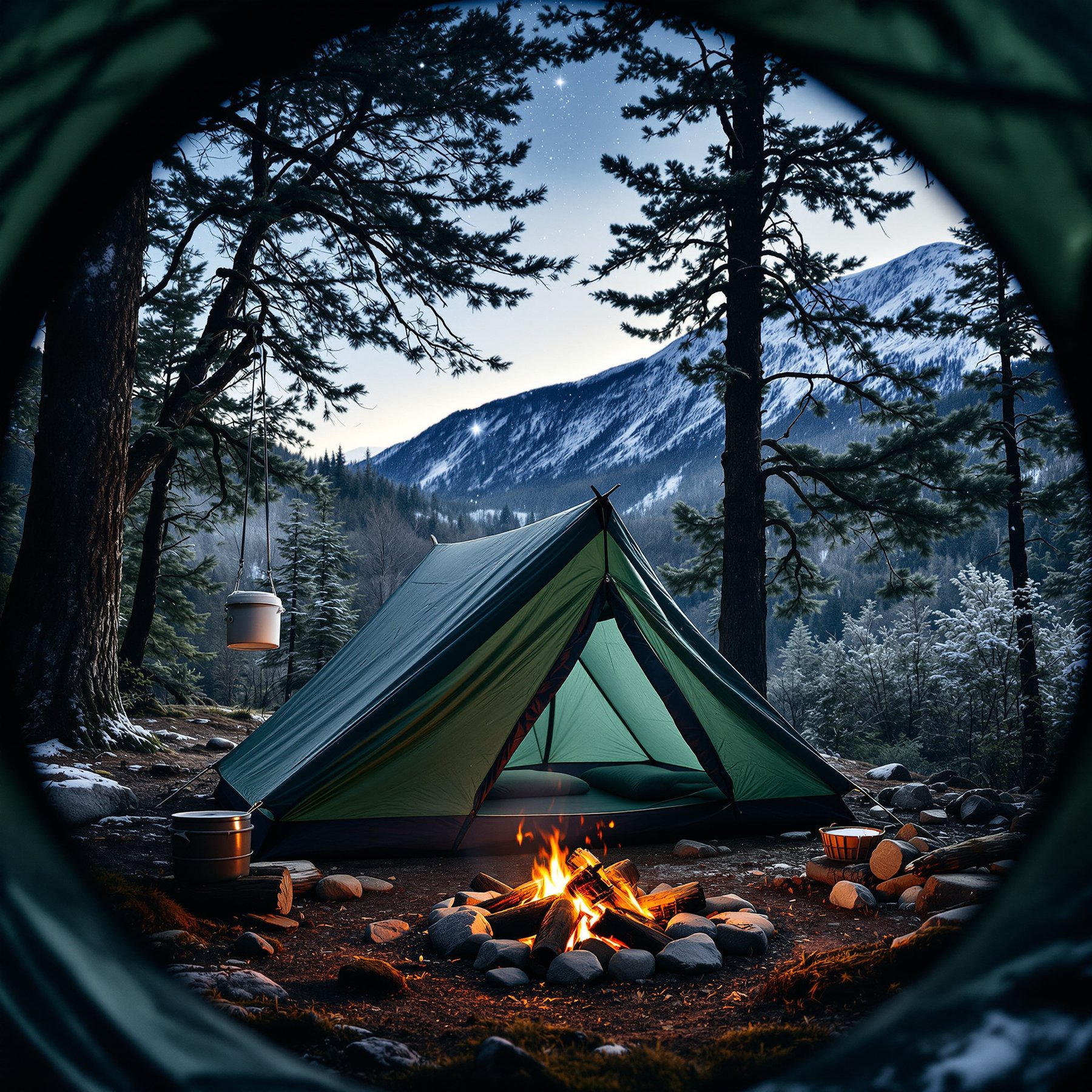 A cozy green tent sits by a warm campfire in a peaceful forest surrounded by tall pine trees. Snowy mountains rise in the distance, making the campsite feel quiet and magical. It’s the perfect spot for adventure under the stars.