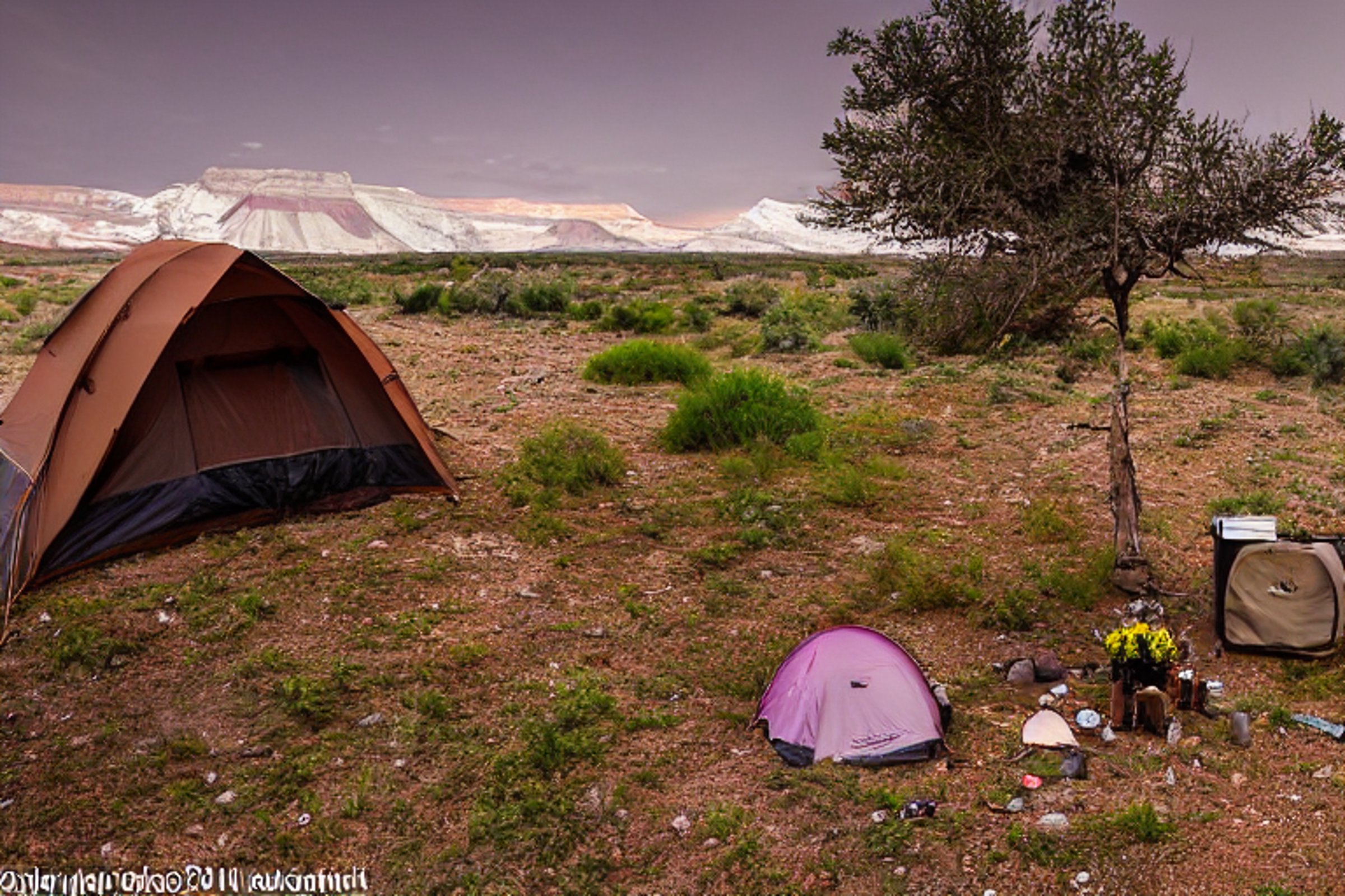 A brown tent rests on a quiet dirt campsite in Capitol Reef National Park. Ferns and small flowers grow around the ground, while camping gear sits nearby. Snowy dusk light gives the rocky landscape a calm, peaceful feeling.