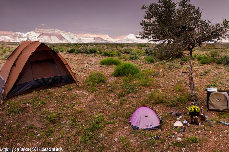 A brown tent rests on a quiet dirt campsite in Capitol Reef National Park. Ferns and small flowers grow around the ground, while camping gear sits nearby. Snowy dusk light gives the rocky landscape a calm, peaceful feeling.