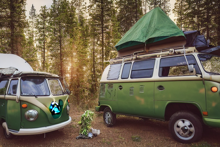 Two green camo campervans rest in a quiet New Mexico desert campsite. A warm campfire glows beside camping chairs and a box of gear, while ferns and light snow add a surprising touch to the golden evening.
