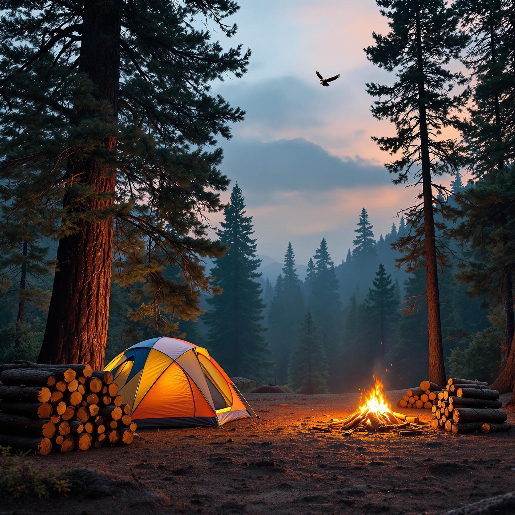 A colorful tent rests among the giant sequoias as soft fog rolls in at dusk. A campfire and neat stack of firewood create a warm glow, while animal tracks mark the dirt nearby. High above, a golden eagle soars past a bird’s nest.