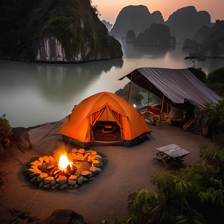An orange tent glows softly at a quiet campsite in foggy Halong Bay. A small campfire rests on logs among scattered stones, with paved ground and a parking spot nearby. Sunrise light fades into the mist around the natural landscape.