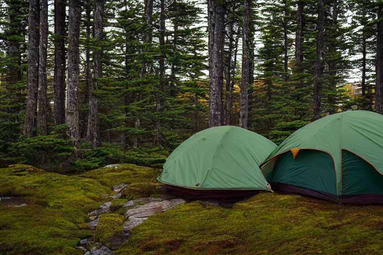 A forest-green tent rests on a paved campsite in Acadia National Park. Rainy sunset light shines through mossy trees and thick bushes, while hikers pass near a picnic table. A small dirt patch adds a cozy touch to the peaceful scene.