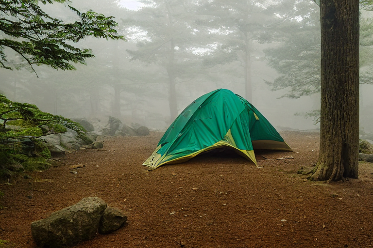 A forest-green tent rests on a quiet paved campsite in Miyajima, Japan. Fog drifts through the trees as soft sunrise light warms the dirt path, gravel, and large stone slabs.