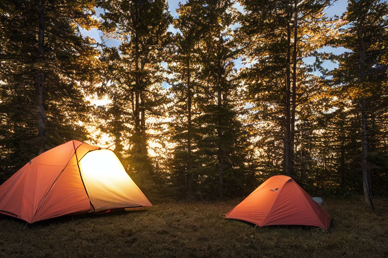 A tan tent rests on a snowy dirt clearing, glowing softly beside a warm campfire. Tall trees and thick bushes surround the quiet campsite, while a distant camper shines a flashlight through the early morning light.