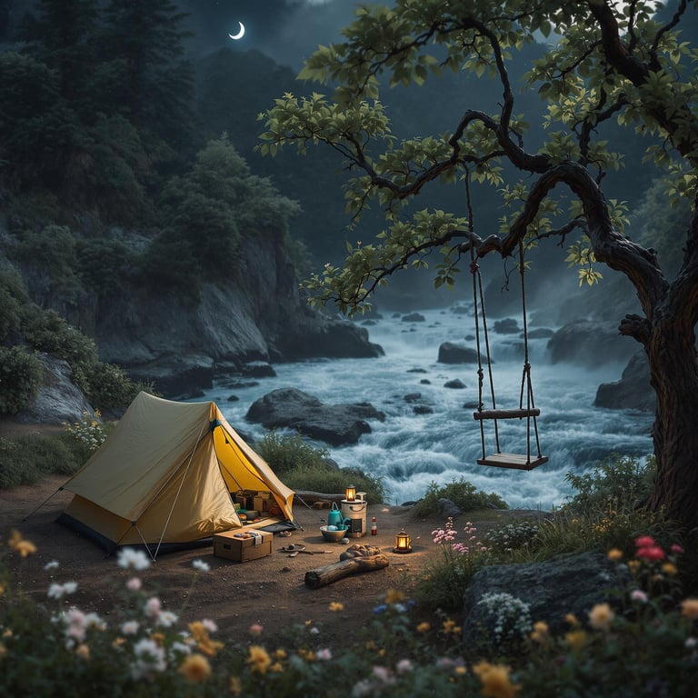A cozy tent rests beside a rushing river under a crescent moon. Wildflowers, a gear box, and a rope swing hanging from a sturdy tree add charm to the windy campsite.