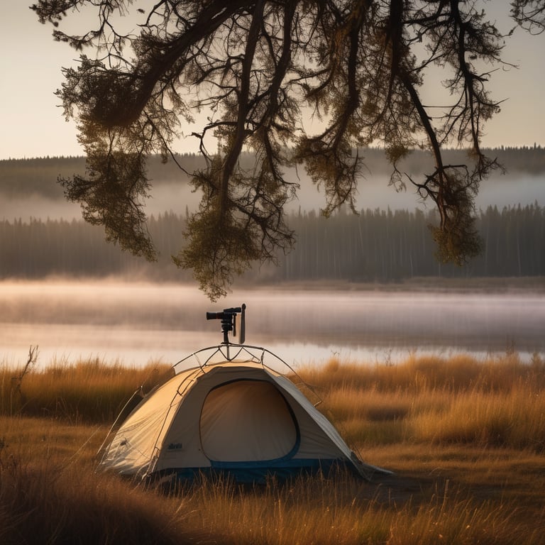 A beige tent rests in the tall grass beside a quiet Yellowstone lake. Morning mist softens the trees, while the campsite shimmers in the water’s reflection. Berries, hanging binoculars, and a pale moon add small touches of adventure.