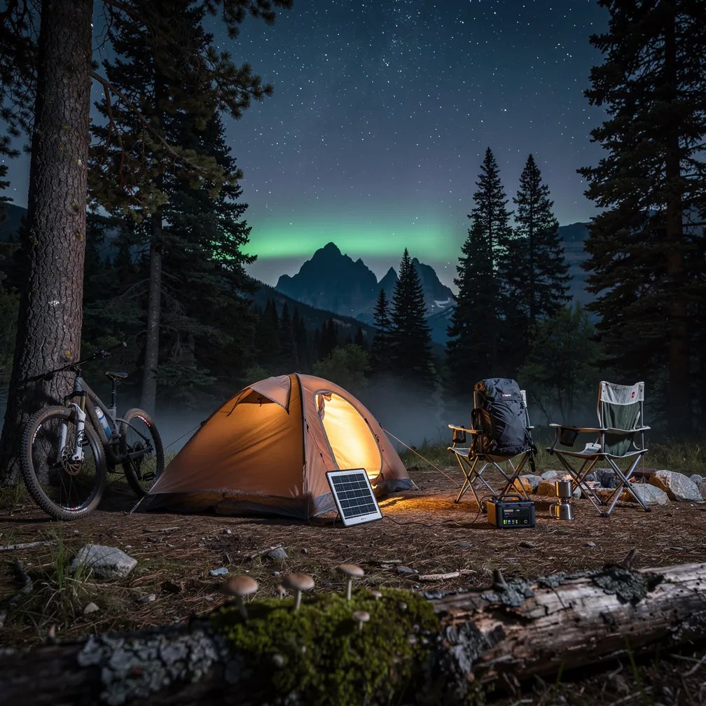 A cozy brown tent glows softly in a quiet forest clearing, with dark mountains resting far away. The sky is packed with bright stars, and a faint green aurora shimmers near the horizon. Two camp chairs sit by the gear, and a bicycle leans against a tree beside a small solar panel. A mossy fallen log lies in front like a natural frame.