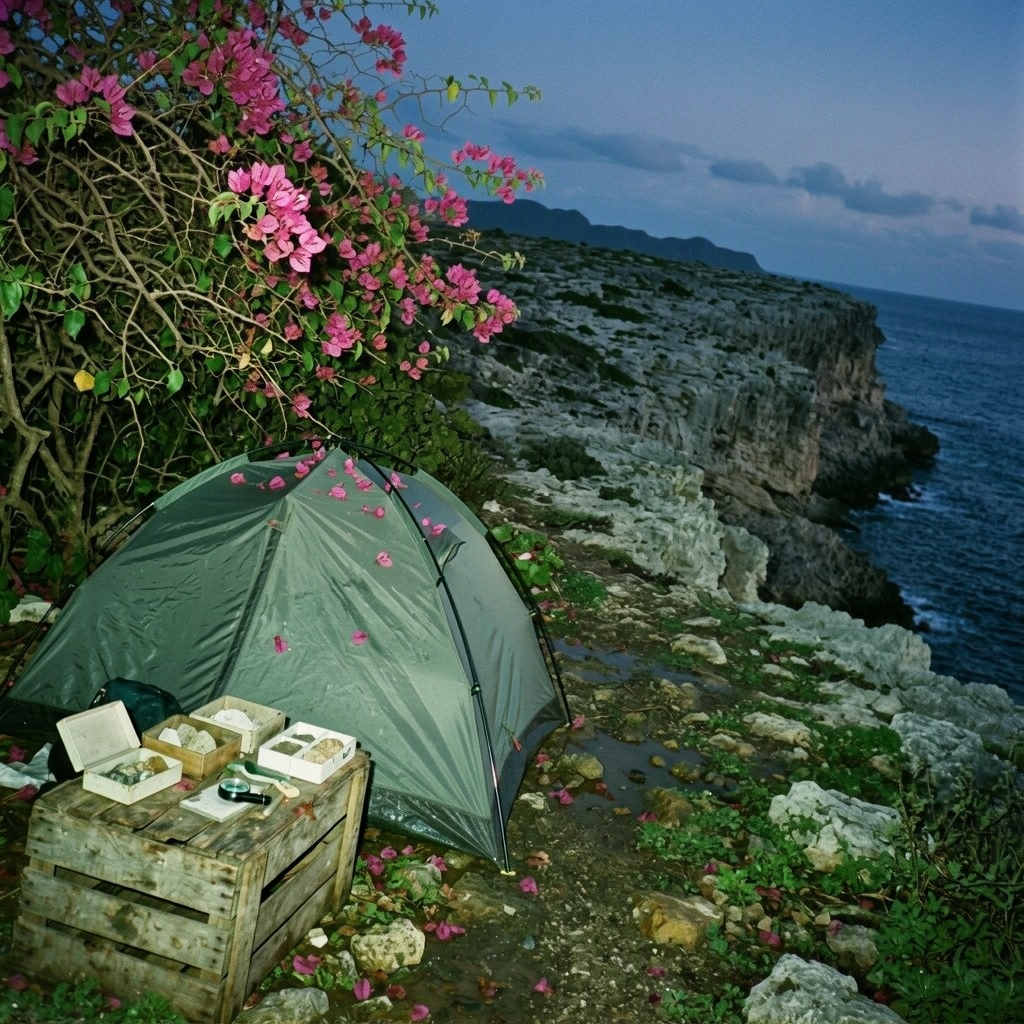 A ground-level view shows a tent beneath pink flowers on a rocky coast. Pale cliffs rise above the dark sea, and flower petals dot the tent roof.